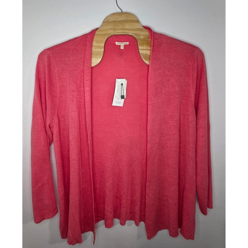 Eileen Fisher Woman 3X Coral Pink Fine Gauge Linen Open Front Cardigan NWT